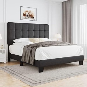 Upholstered Panel Bed with Adjustable Headboard, Full Bed Frame for Box Spring